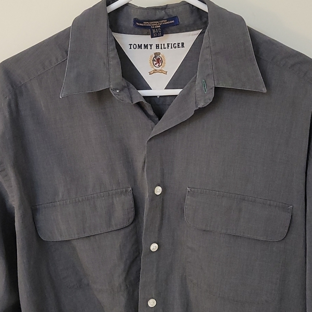 3/$30 TOMMY HILFIGER 1990s Cotton Dark Gray Button Down Dress Shirt - Picture 2 of 7